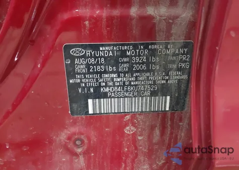 2019 Hyundai Elantra Sel z USA, uszkodzony, nr VIN KMHD84LF6KU747529